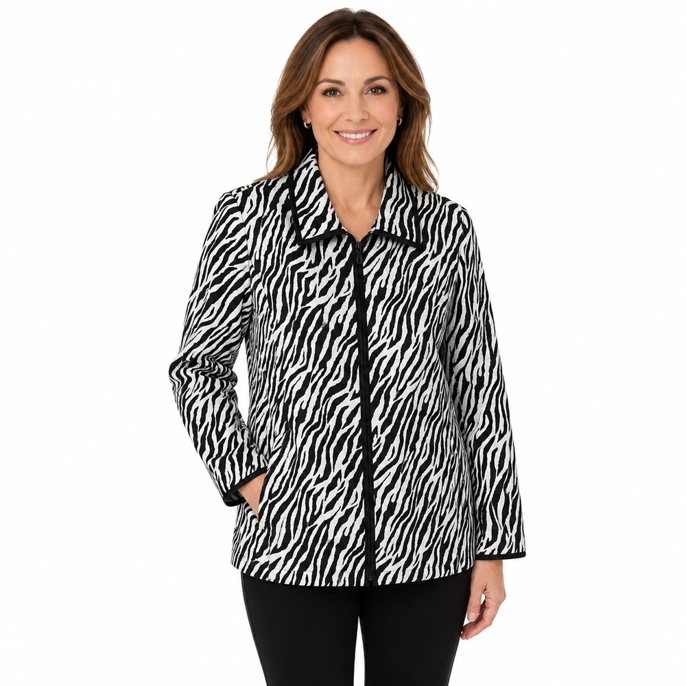 TanJay Womens Zebra Print Zip Up Jacket Black White Textured Animal Print Large